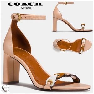 Coach Link Nude Tan Leather Ankle Strap Heel Sandals Block Heel Pump Shoes 8.5